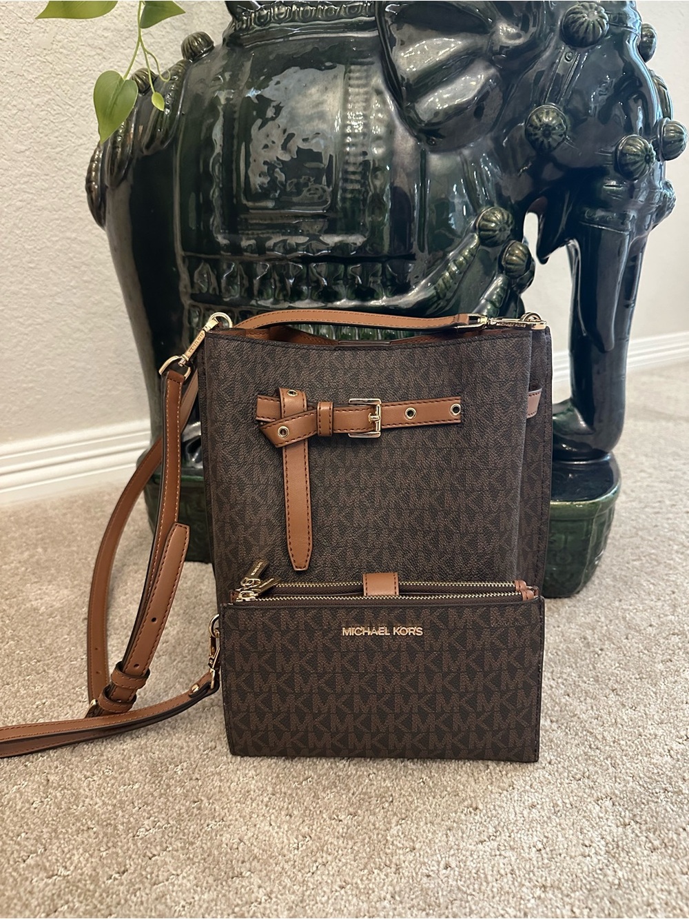 Michael Kors Brown and Tan Signature Crossbody Bag and Matching Wallet